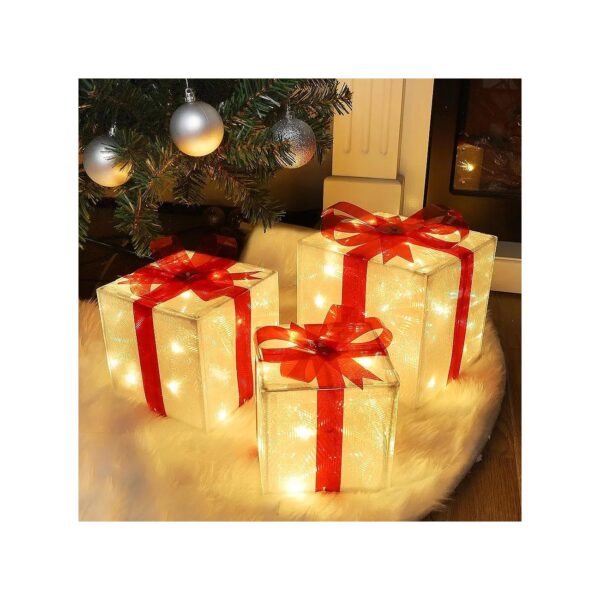 Set of 3 Christmas Gift Boxes with Pre-lit Lights for a Festive Holiday Atmosphere