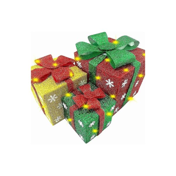 Set of 3 LED Lighted Gift Boxes with Red Green and Yellow Snowflake Designs