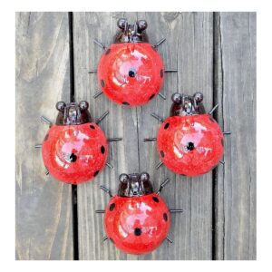 Set of 4 Red Metal Ladybug Garden Wall Sculptures for Outside Home