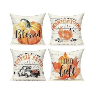 Set of 4 Retro Pumpkin Maple Leaf Turkey Pillow Covers 16x16 Fall Outdoor Home Decor