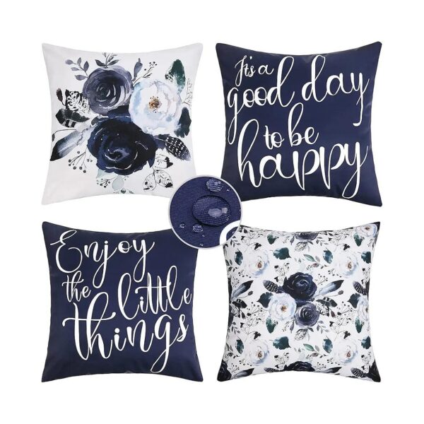 Set of 4 Waterproof Navy Blue and White Floral Decorative Pillow Covers