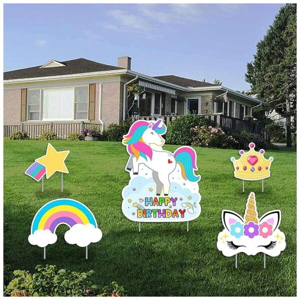 Set of 5 Colorful Unicorn Happy Birthday Yard Signs with Stakes and Assemblies