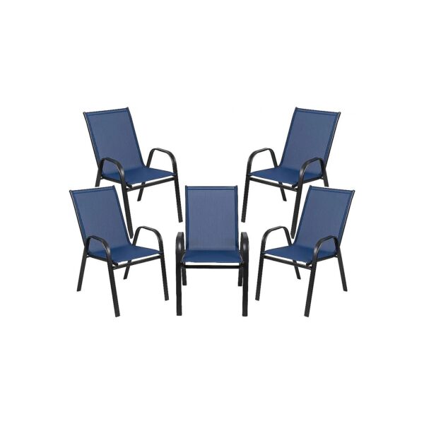 Set of 5 Navy Navy Outdoor Stack Chairs with Textilene Seat and Steel Frame