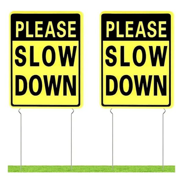 Set of Two Double Sided Please Slow Down Yard Signs with Metal Stakes