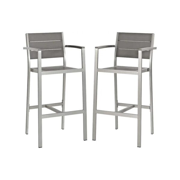 Set of Two Silver Grey Modern Steel Patio Bar Stools