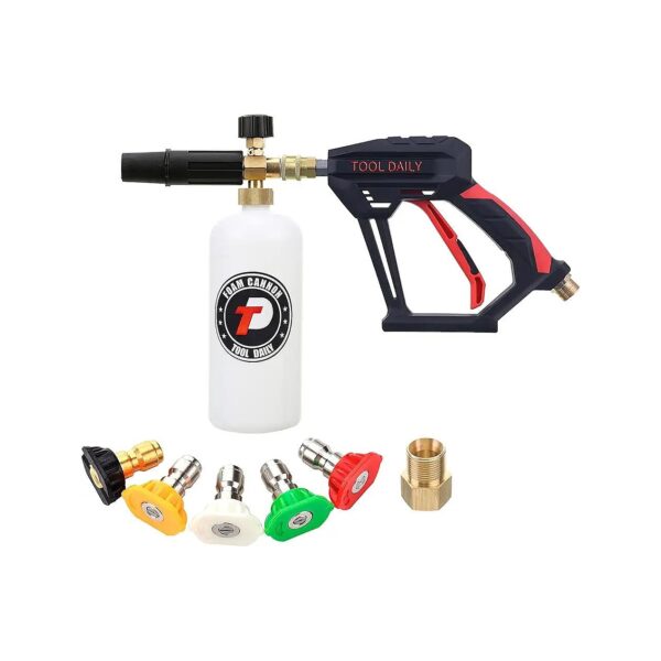 Short Pressure Washer Gun with Foam Cannon and 5 Nozzle Tips, 1 Liter Capacity