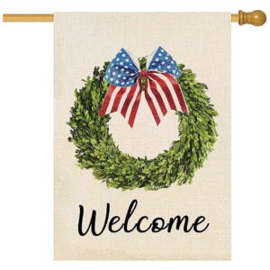 Sided American Patriotic Boxwood Wreath Garden Flag 28x40inch Burlap Outdoor Decoration