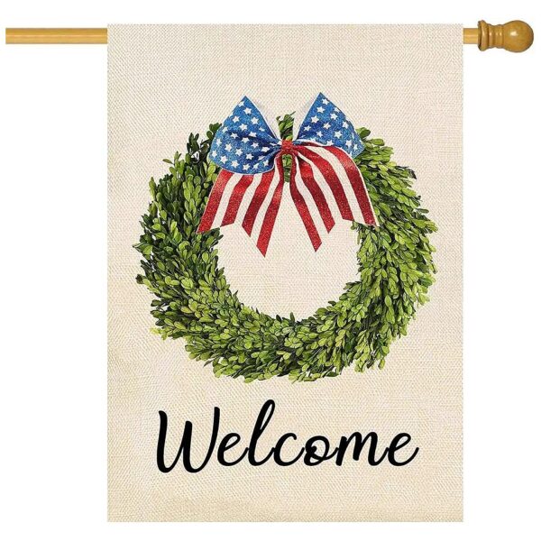 Sided American Patriotic Boxwood Wreath Garden Flag 28x40inch Burlap Outdoor Decoration