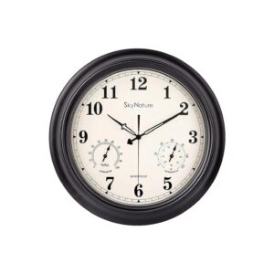 Silent Battery Operated Vintage Black Round Wall Clock with Thermometer for Kitchen