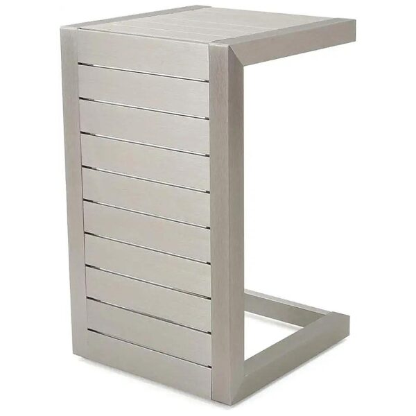 Silver Aluminum End Table with C-Shaped Design and Weather-Resistant Coating