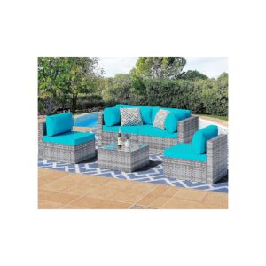 Silver Gray PE Wicker Patio Sectional Sofa Conversation Set with Glass Coffee Table