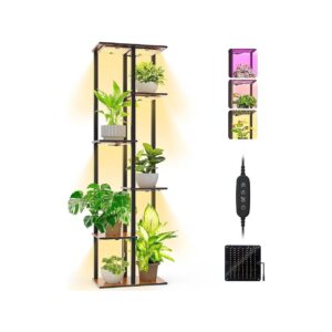 Six Tier Walnut Plant Stand with Full Spectrum LED Grow Lights for Indoor Plants