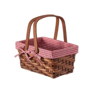 Small Rectangular Woodchip Picnic Basket with Gingham Lining and Folding Handles