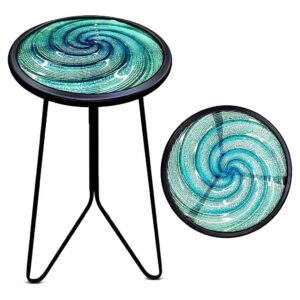 Small Round Metal and Glass Top Side Table for Small Patio or Balcony, Green, 12-Inch