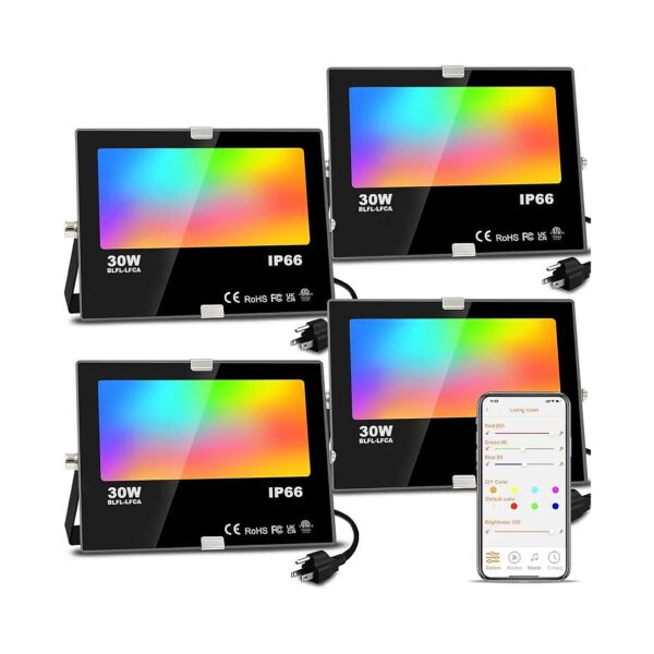 Smart RGB LED Floodlights APP Control Outdoor Lighting Kits 3000LM Waterproof