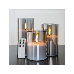 Smoke Grey Glass Remote Controlled Flameless LED Pillar Candles Set of 3