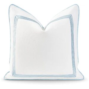 Soft And Plush Vintage Coastal Baby Blue Embroidered Square Line Pillow Cover 20" x 20