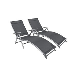 Soft Textile Fabric Patio Lounge Chairs Set of 2 Adjustable Folding Outdoor Recliner Grey