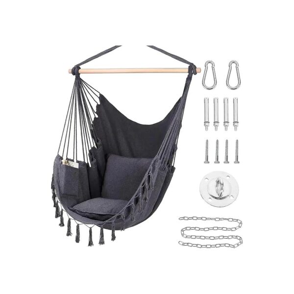 Soft and Sturdy Dark Grey Hanging Rope Hammock Chair with 2 Pillows and Carrying Bag