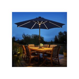 Solar Powered 9-Foot LED Patio Umbrella with 16 LED Strip Lights and Hub Light, Navy Blue