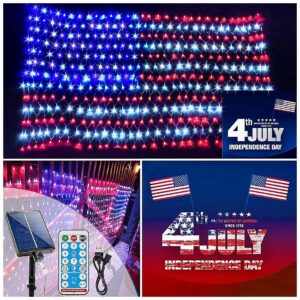 Solar Powered American Flag Net Lights with 421LED Waterproof Red White And Blue Decor