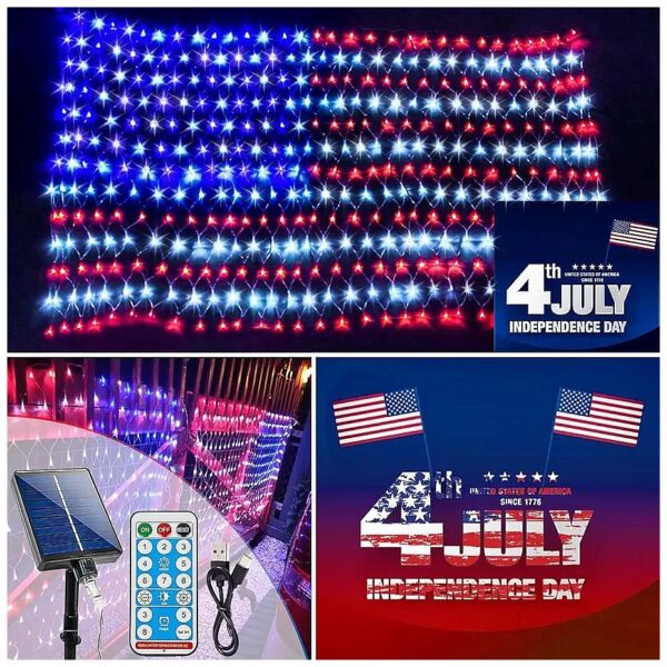 Solar Powered American Flag Net Lights with 421LED Waterproof Red White And Blue Decor