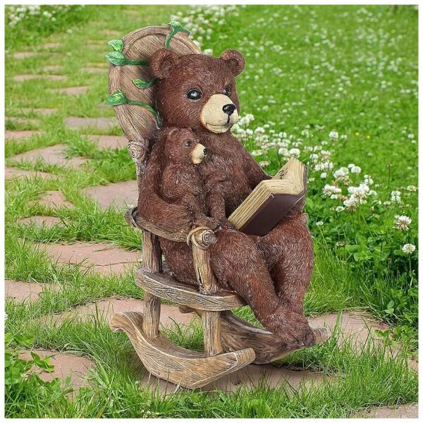 Solar Powered Bear Family Reading Garden Statue with Rocking Chair and LED Booklight