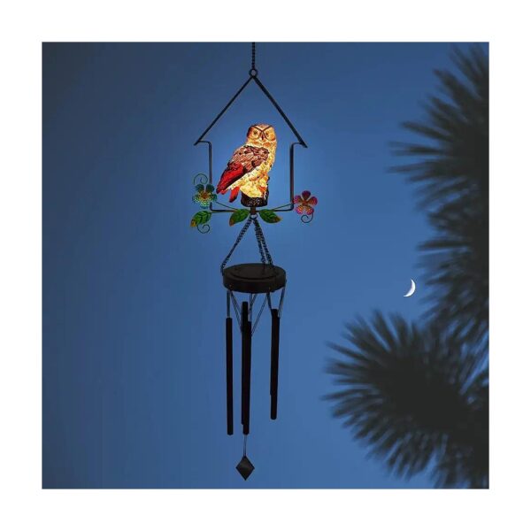 Solar Powered Black Owl Wind Chime with LED Light Garden Decoration