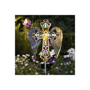 Solar Powered Colorful Glass Cross Lights for Grave Decorations and Memorial Gifts