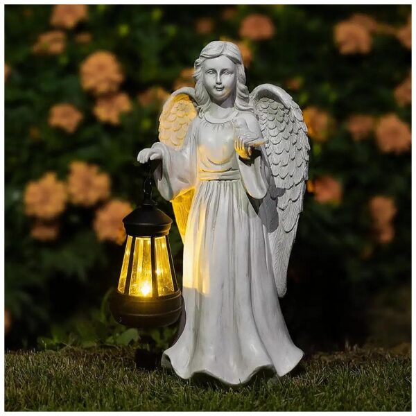 Solar Powered Garden Decor Angel With Lantern Outdoor Patio Statue For Outside Lawn