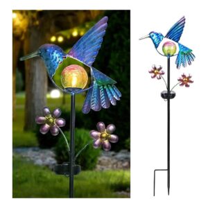 Solar Powered Hummingbird Garden Light with Crackled Glass Globe for Outdoor Decor