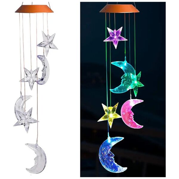 Solar Powered Moon and Star Wind Chimes with Color Changing LED Glow