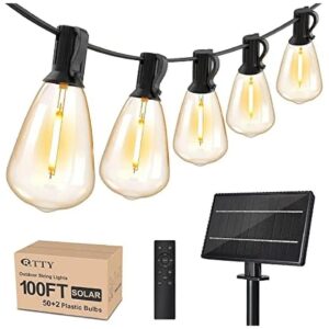 Solar Powered Outdoor String Lights 100ft with Remote and 52 Edison Bulbs Black