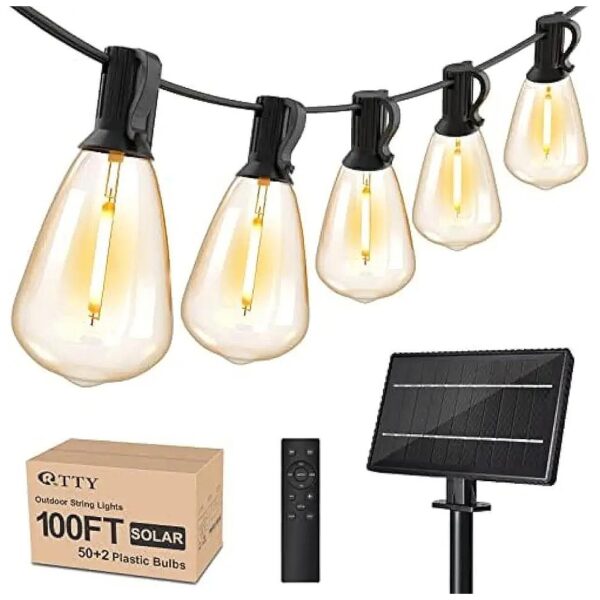 Solar Powered Outdoor String Lights 100ft with Remote and 52 Edison Bulbs Black