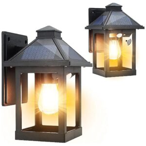 Solar Powered Outdoor Wall Lanterns 2 Pack with Motion Sensor and 3 Modes