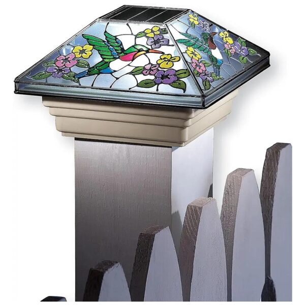 Solar Powered Post Cap Light with Colorful Flowers and Hummingbirds for Fence