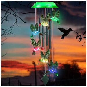 Solar Powered Wind Chimes with Color Changing Hummingbird and 4 Green Metal Tubes