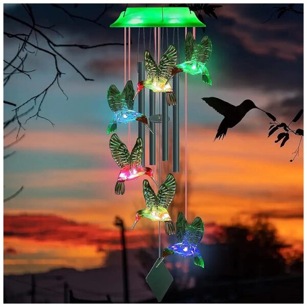 Solar Powered Wind Chimes with Color Changing Hummingbird and 4 Green Metal Tubes