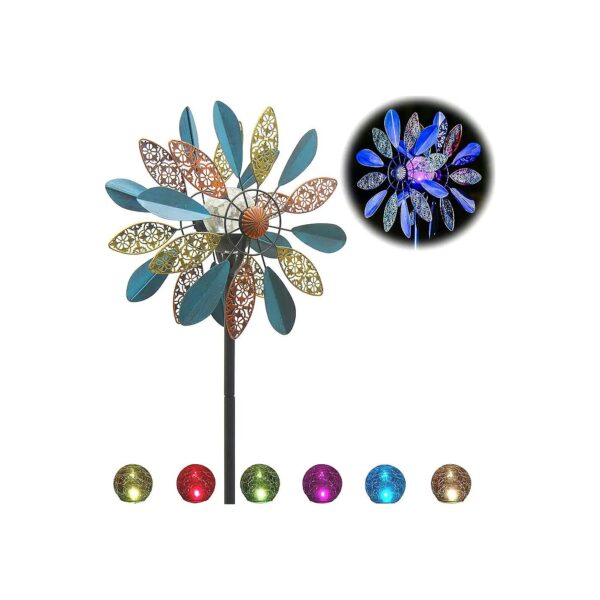 Solar Powered Wind Spinner with Multi-Color LED Lighting for Garden Decor