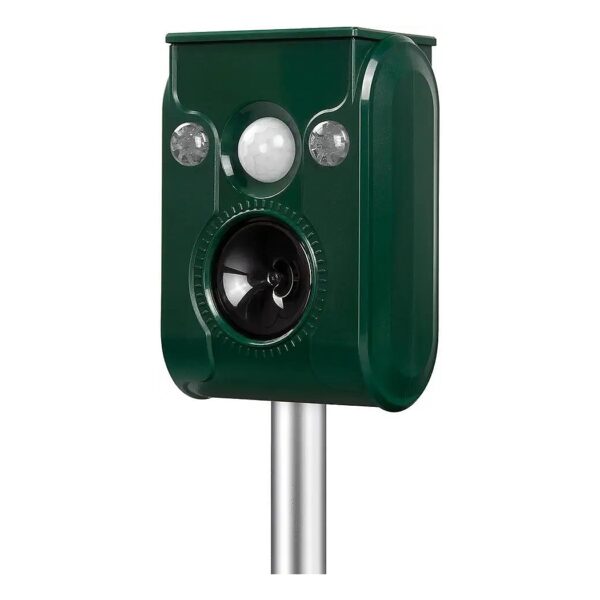 Solar-Powered Ultrasonic Animal Repeller with Flashing LED Lights and Siren Green