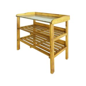 Solid Acacia Wood Potting Bench with Zinc Tabletop and Storage Shelves