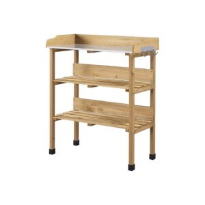 Solid Fir Wood Potting Bench with Metal Tabletop and 3 Tier Shelves