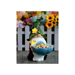 Spring-Themed Garden Gnome Statue with Solar LED Lighted Bird Feeder and Resin Material