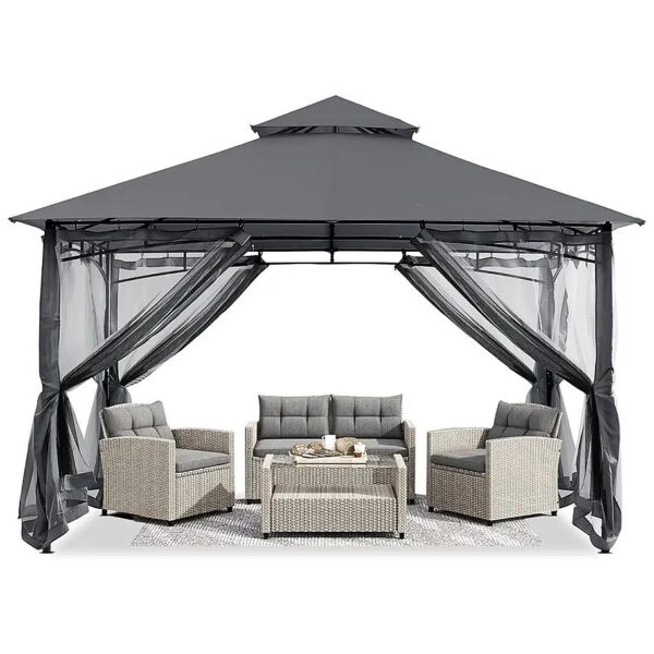 Square Outdoor Steel Frame Gazebo with Mosquito Netting for Backyard and Garden