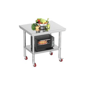 Stainless Steel Preparation Table with Wheels and Two Shelves for Kitchen and Restaurant