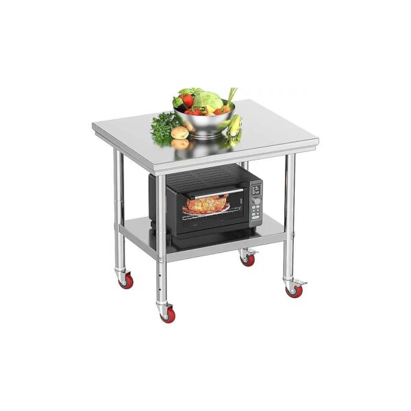 Stainless Steel Preparation Table with Wheels and Two Shelves for Kitchen and Restaurant