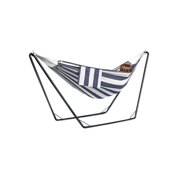 Stand-Alone Double Hammock with V-Shape Steel Stand for 2 Person Outdoor Use, Dark Blue