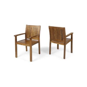 Stately Acacia Wood Outdoor Dining Chairs with Teak Finish Set of 2 Brown Furniture