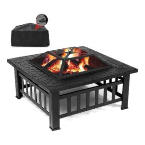 Steel Fire Pit Table for Outdoor Use with Fire Poker and Waterproof Cover