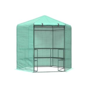 Steel Frame Walk-in Greenhouse with Roll-up Door and 3-tier Shelves for Headroom